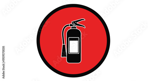 Graphic illustration of a fire extinguisher in a red circle with a black border on a white background.