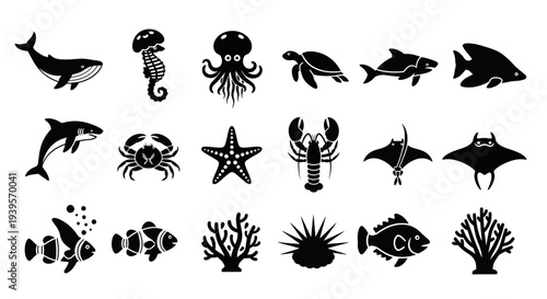 Collection of Various Black Sea Creatures Silhouettes.