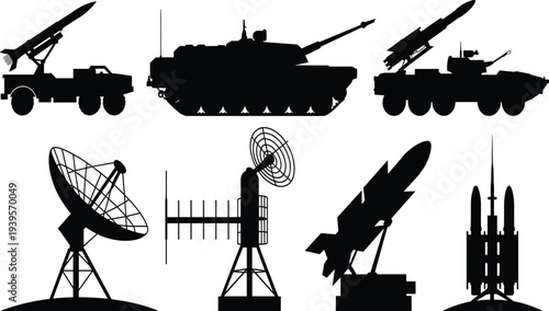 Military, vehicle, silhouette, set, tank, missile, launcher, radar, dish, artillery, army, weapon, defense, armored, transport, combat, war, vector, icons, collection.
