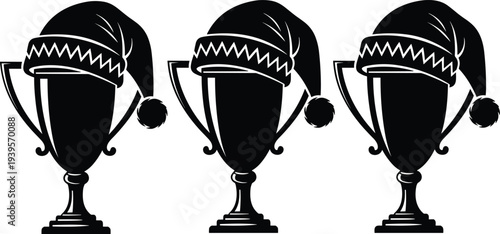 Black silhouette collection of winner trophy cups wearing Santa hats, festive sports awards, and holiday victory icons isolated on white background