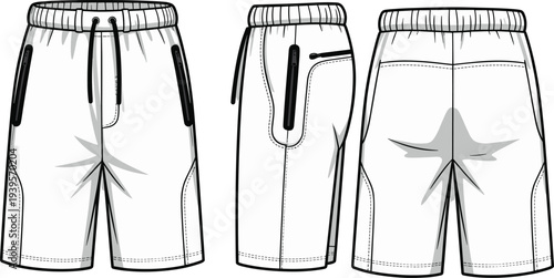 White shorts with black accents and drawstring waist shown from front left, front right, and back views