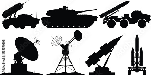 Military vehicle silhouette set including heavy tank rocket launcher radar station and missile defense system for army warfare and defense industry