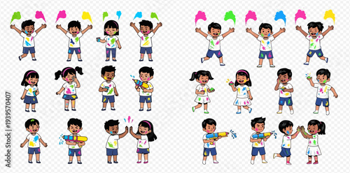 Set of happy children celebrating Holi festival, playing with colorful powder and water guns, cartoon vector illustration.