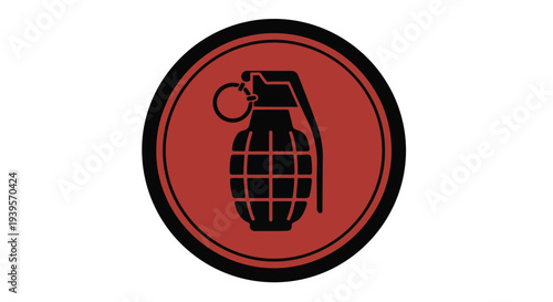 A close-up shot of a black grenade icon on a red circular badge with a black outline against a white background.