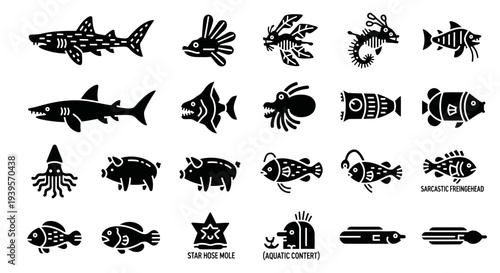 Collection of Various Black Silhouette Sea Creatures.