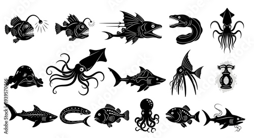 Collection of Various Black Silhouette Sea Creatures.