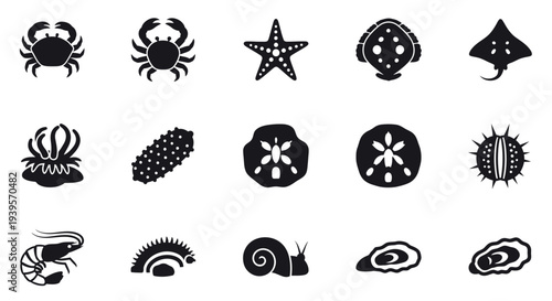 Collection of Various Black Silhouette Sea Creatures.