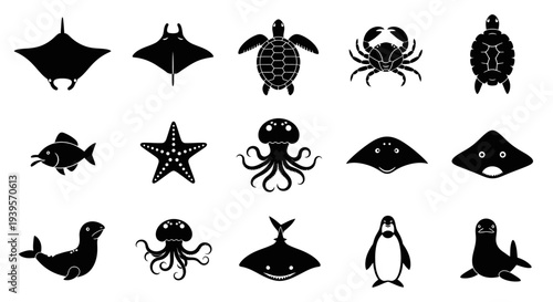 Collection of Various Sea Creature Silhouettes.