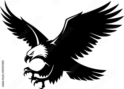 flying bald eagle silhouette vector illustration, majestic bird of prey icon isolated on white