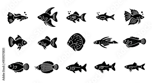 Various Black and White Fish Silhouettes.