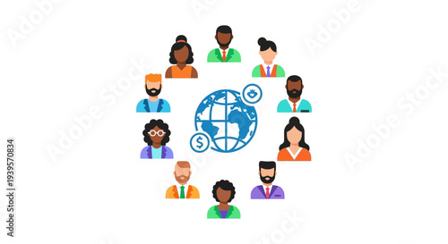 International Business Network: Diverse Professionals, Global Collaboration, and Economic Icons