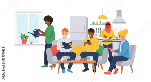 Diverse Young Adults Enjoying Daily Life in a Modern Co-Living Space, Engaging in Hobbies and Relaxation