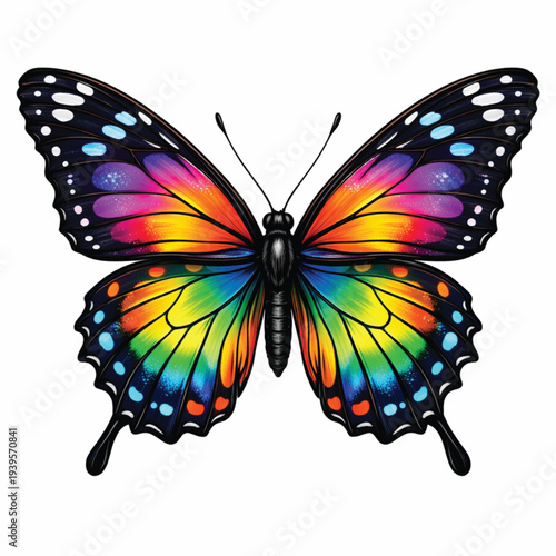 Colorful Rainbow Butterfly with Dark Wings Vector Illustration Vibrant Butterfly Isolated on White Background