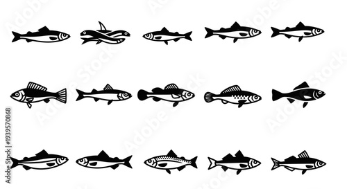 Various Black Silhouette Fish Illustrations.