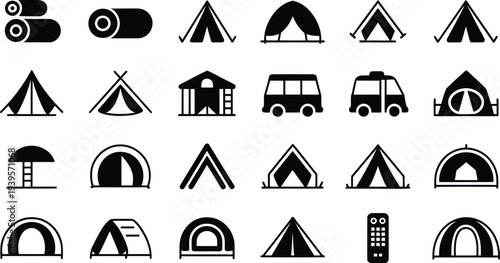 Camping and outdoor adventure icons set, Tent, Camper van and camp shelter vector silhouette