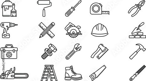 Construction tools line icons set, repair equipment symbols collection, handyman workshop outline pack for apps websites