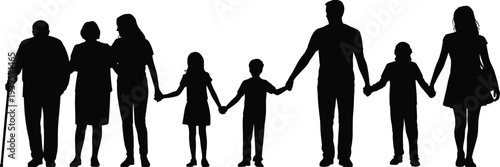 Diverse multi-generational family silhouette holding hands together, grandparents parents and children standing in line, unity and family bond vector.