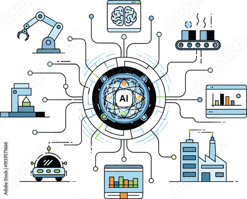Artificial Intelligence Industrial Automation Network with Smart Factory Robotics Data Analytics and Technology Systems Illustration