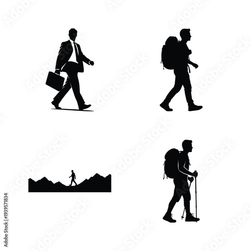 Fotografía Silhouettes of business professional and hikers in various travel and adventure