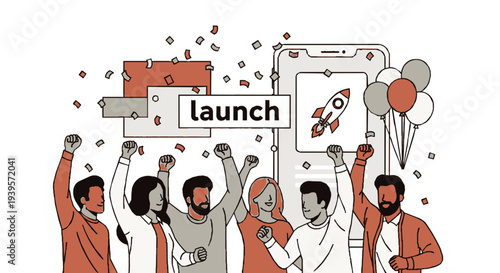 Diverse team celebrating a successful product launch with confetti and balloons