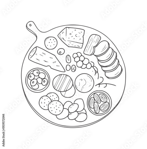 Black and white line of a charcuterie board with cheese olives and crackers