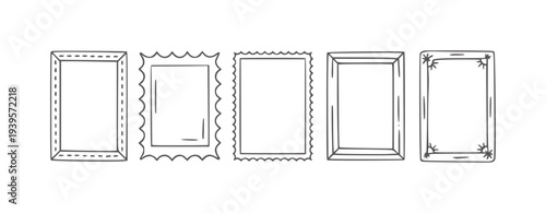 Five hand drawn rectangular frames with varied decorative borders