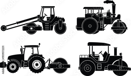 Set of road roller silhouettes including vintage steam rollers and modern asphalt compactors for construction industry icons and heavy machinery designs