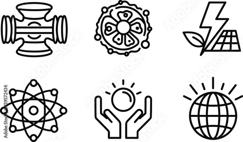 Collection of six clean line art icons representing science, energy, and global concepts.