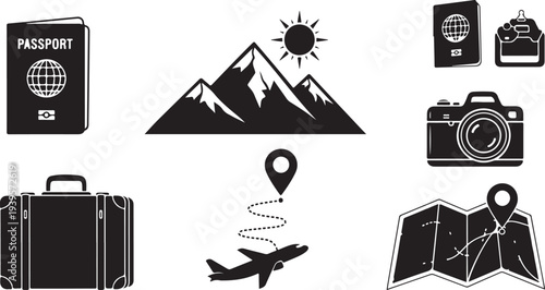 Travel and adventure icons in black and white style