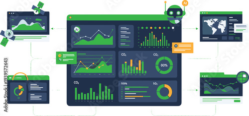 Artificial Intelligence Environmental Analytics Dashboard with Climate Data Carbon Monitoring and Sustainability Technology Illustration