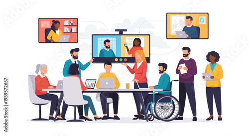 Hybrid Meeting Collaboration: Diverse Business Team Connecting In-Person and Remotely via Video Conference Technology