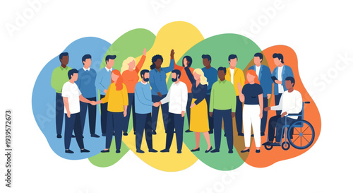 Diverse Group of People Collaborating, Shaking Hands, and Waving - Unity, Inclusion, Community & Teamwork