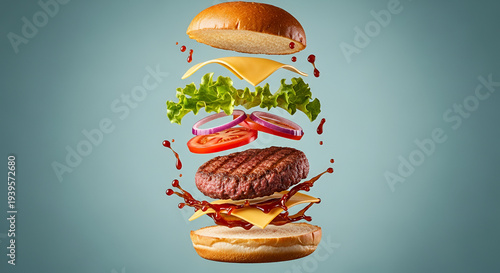 National Burger Day, a deconstructed burger elements floating in mid-air