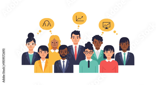Diverse Business Team Collaboration and Strategy Illustration with Growth, Data & Communication Icons