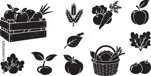 Black and white icons of fresh fruits and vegetables