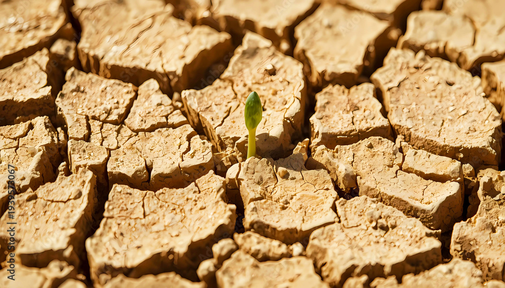 Fototapeta premium Tiny Green Sprout Growing in Dry Cracked Earth Symbolizing Hope and Resilience