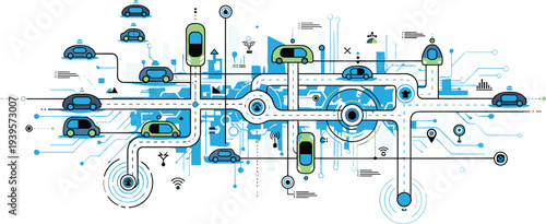 Autonomous Smart City Transportation Network with Connected Vehicles Digital Traffic Infrastructure and Mobility Technology Illustration