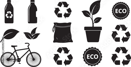Eco friendly living icons and sustainable lifestyle symbols set