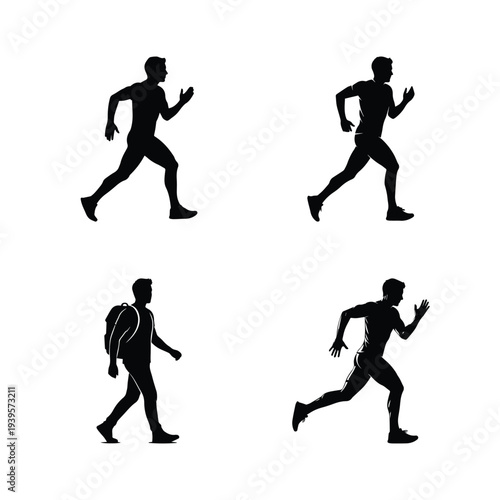 Silhouettes of people running and walking