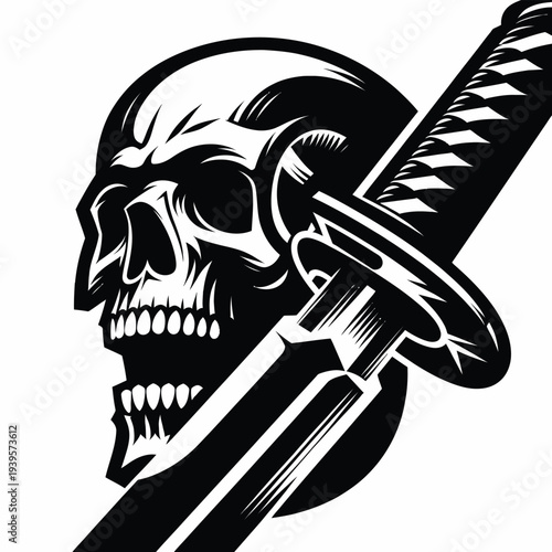 A black and white vector illustration of a skull with a katana sword crossing through it on a clean white background, creating a striking and bold graphic design element with a dark and