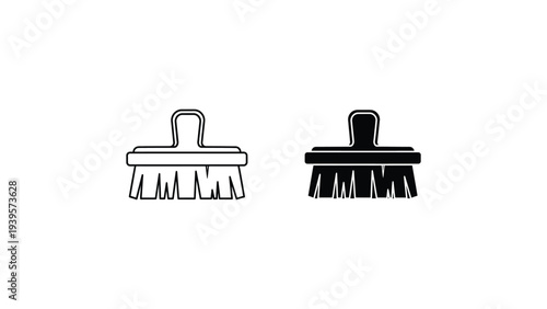 Scrub Brushes in Simple Line Art and Solid Black Styles on White Background for Cleaning Supplies