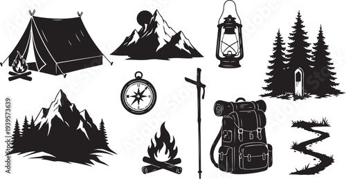 Camping and hiking icons in black and white style