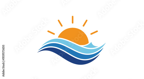 Stylized ocean waves and sun logo design element.