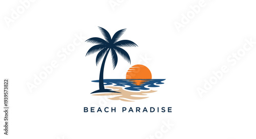 Beach Paradise Logo with Palm Tree and Sunset.