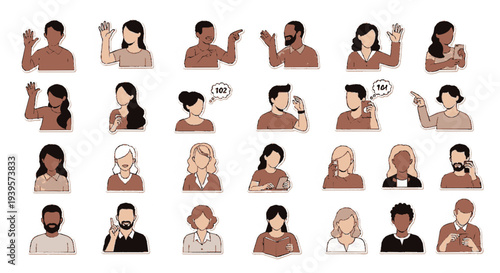 Diverse group of people expressing emotions and reactions in various styles and poses