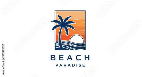 Beach Paradise Logo Design with Palm Tree and Sunset.