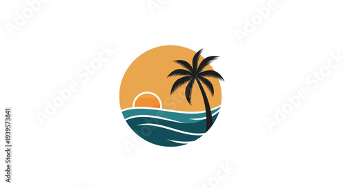 Tropical beach scene with palm tree and sunset.