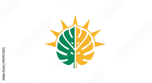 Green and yellow leaf logo with sun symbolizing eco-friendliness and sustainability.