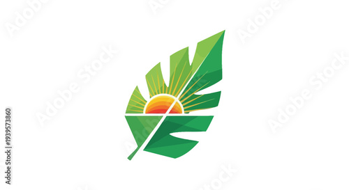 Green leaf logo with orange sun symbolizing eco-friendly growth and harmony with nature.