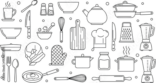 Kitchen Utensils Line Icon Vector Set with Cookware, Teapot, Knife, Whisk, Blender and Cooking Tools Outline Symbols
